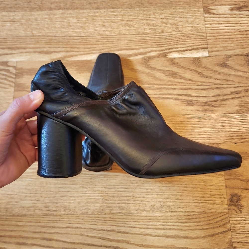 EUC Dubié Black/Brown Leather Cuadrado Heeled Boots, Size 39 Or US Size 9